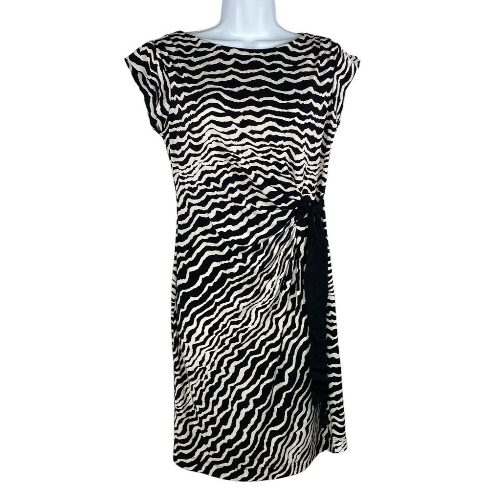 Just Taylor Women Casual Dress Black Cream Zebra Print Cap Sleeve Faux Wrap Sz 6